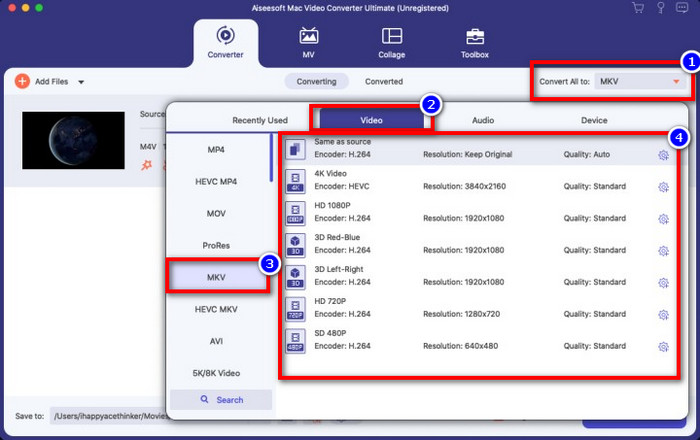 Choose MKV Format On List