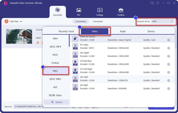 Selecione os formatos MKV