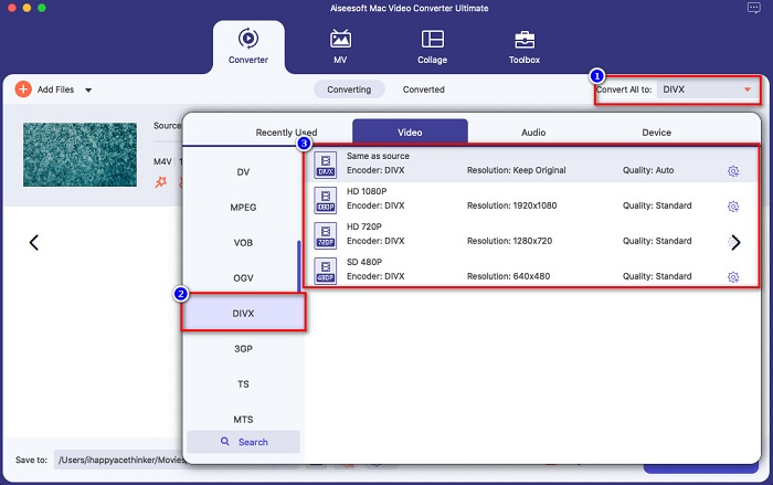 单击 DIVX 格式