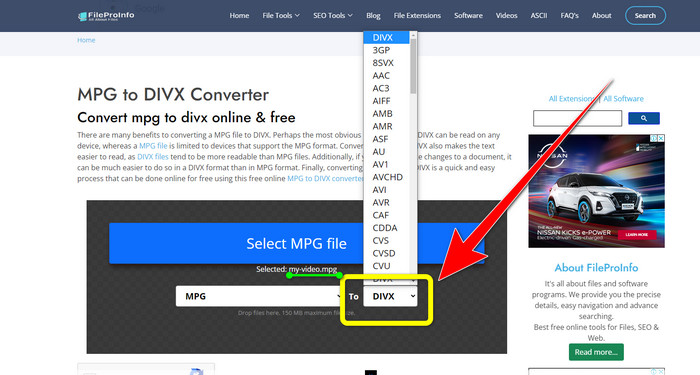 Opciones de formato MPG a DivX