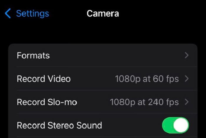 Settings Camera Format