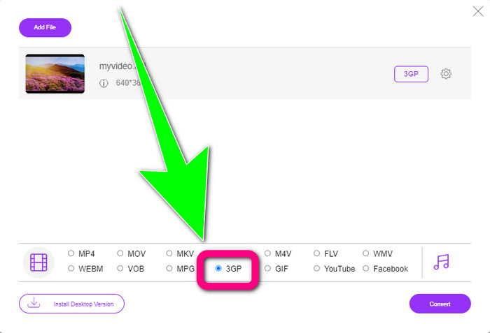 Haga clic en formato de archivo 3gp