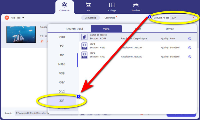 Fare clic su Formato file 3GP