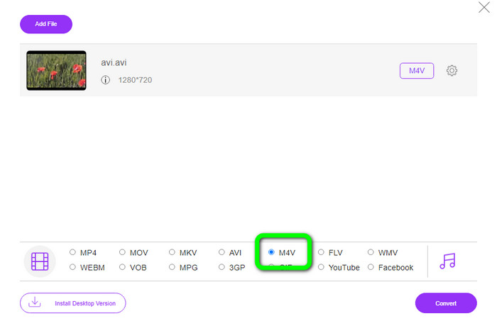 Selectați AVI în M4V