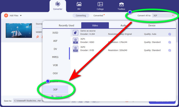 Haga clic en 3GP desde Opciones de formato