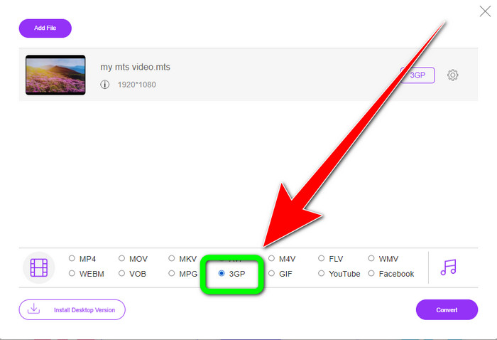 प्रारूप विकल्प 3GP का चयन करें