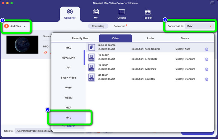 Opções de formato Selecione M4V