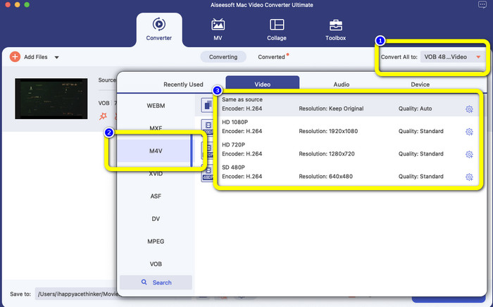 Options Format M4V Sélectionner