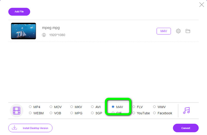 Selecione as opções de formato M4V