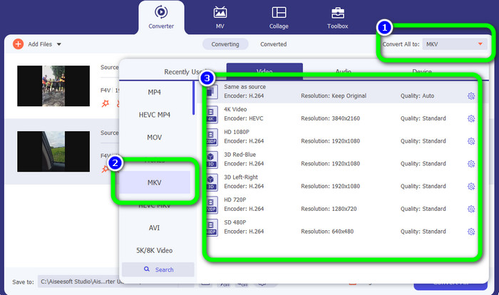 Choose Format F4V to MKV