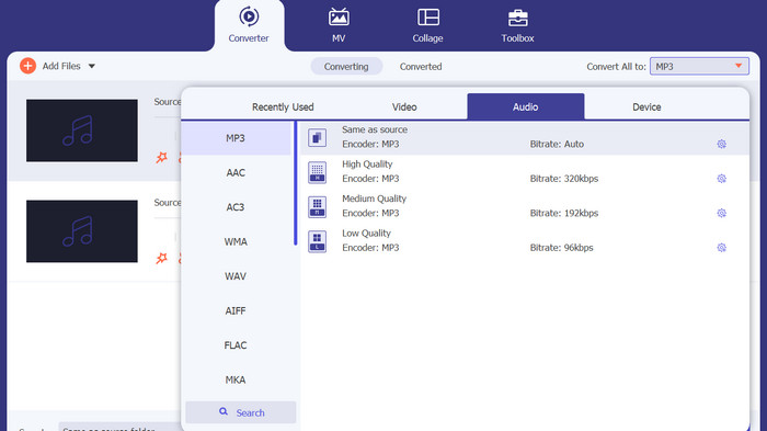 Seleziona il formato di output