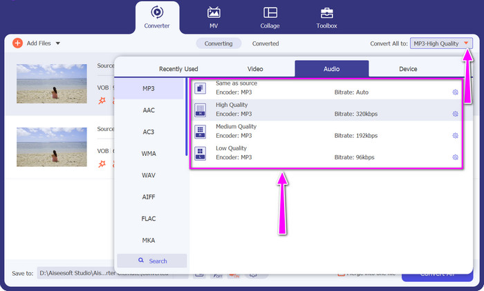 Seleziona il formato di output