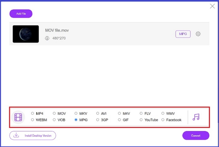 Converta MOV para MPG Online