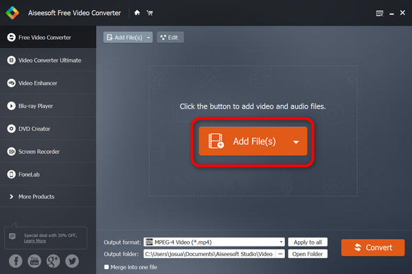 Aiseesoft Free Video Converter Fájlok hozzáadása