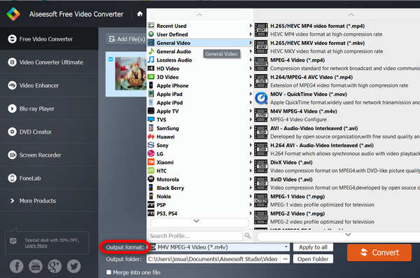 Aiseesoft Free Video Converter Klikk Utdataformat