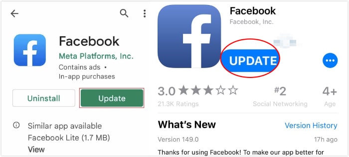 Facebookアプリを更新する