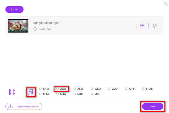 Convertidor de vídeo gratuito FVC en línea Mp4 a AAC Elija el formato de salida