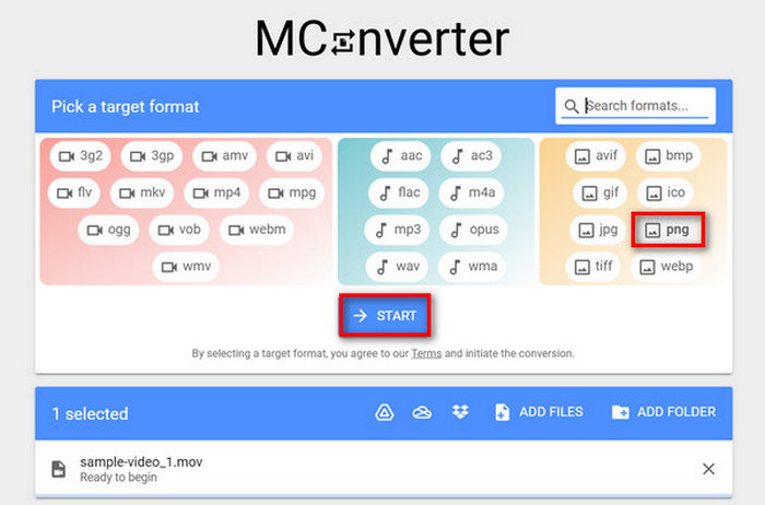 Mconvert Mp4 to PNG เลือกรูปแบบเอาท์พุต