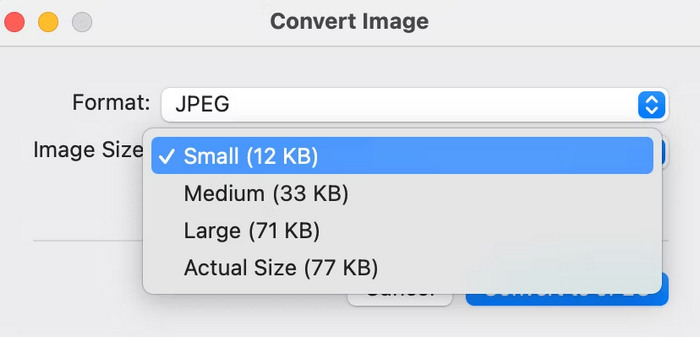 Actions rapides pour compresser un fichier Jpg sur Mac Sélectionner la taille de l'image