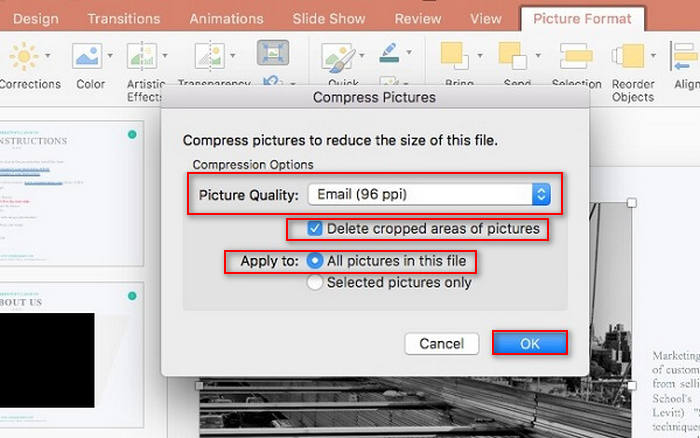 บีบอัดรูปภาพหลายภาพใน PPT Mac Compress