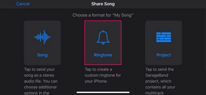 Converteer Mp3 naar beltoon op iPhone Garageband-beltoonoptie