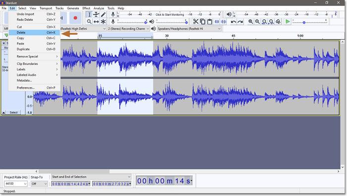 Couper l'audio dans l'outil de sélection de clics d'Audacity