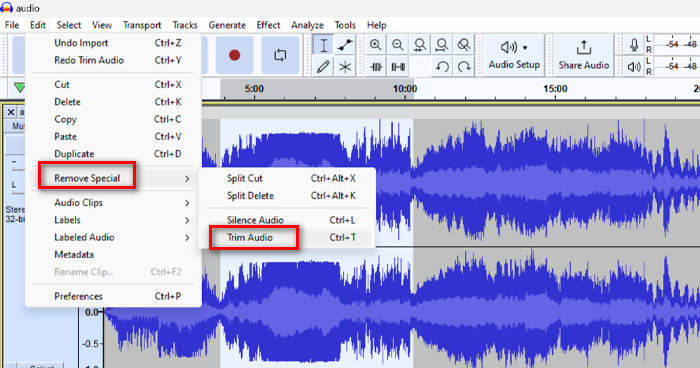 Recortar parte de una canción en Audacity Eliminar especial