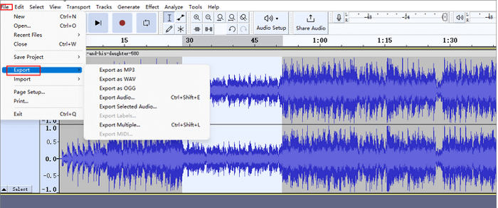 เพิ่มปริมาณ mp3 Audacity Preview การส่งออก