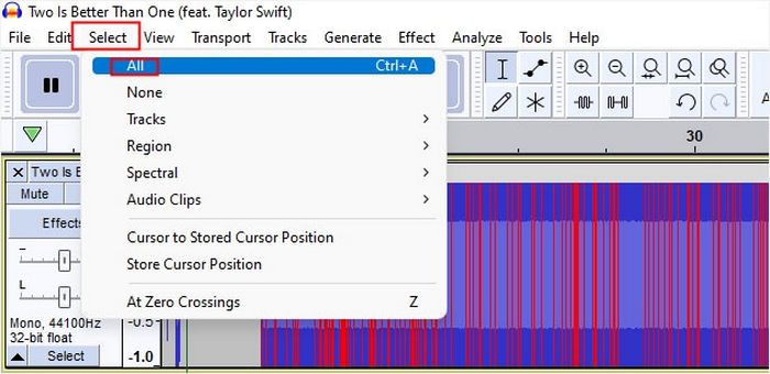 افزایش صدای mp3 Audacity آهنگ صوتی را انتخاب کنید