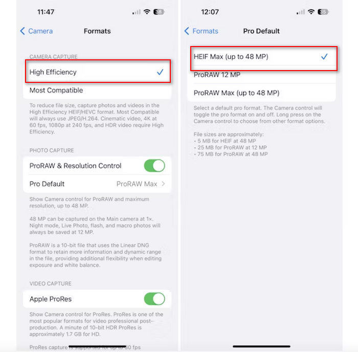 Reduzir o tamanho do arquivo de foto nas configurações da câmera do iPhone