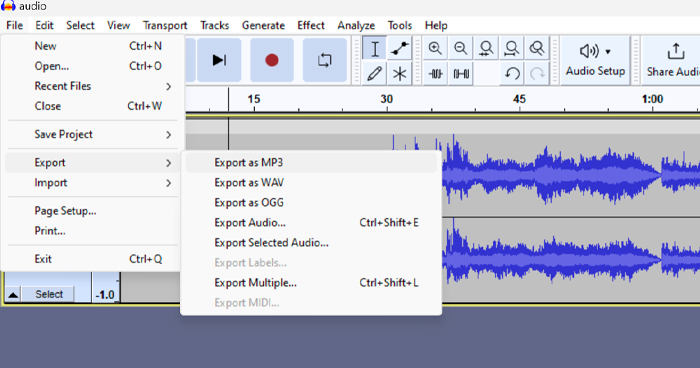 Een deel van de audio in Audacity omkeren Exporteren