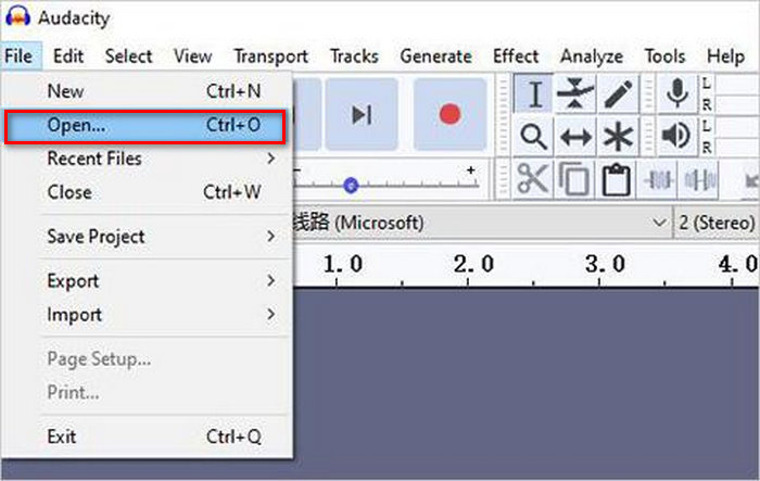 Audio Songsang dalam Audacity Buka Fail