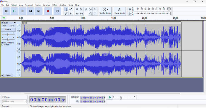 Reverse Audio în fila Audacity Select