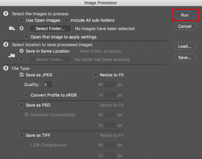 Batch Compress Photoshop روی Run کلیک کنید