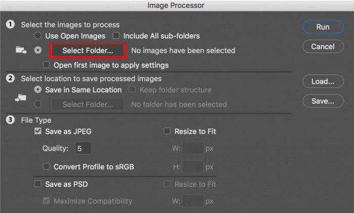 דחיסה אצווה של Photoshop Select Folder