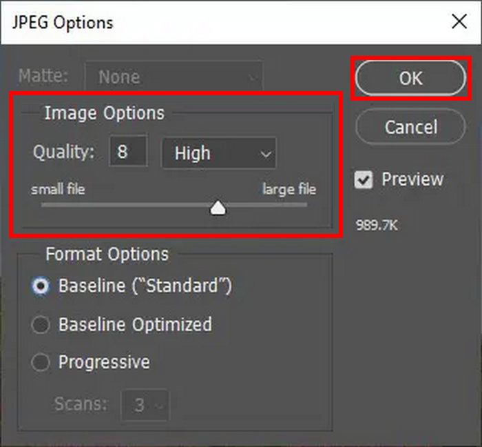 Rapporto di compressione Photoshop Regola qualità