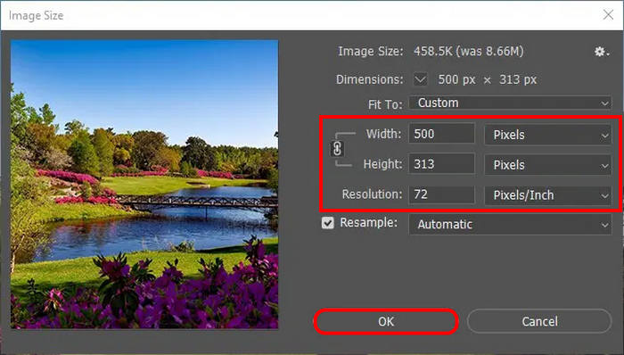 กล่องโต้ตอบรูปภาพ Photoshop อัตราส่วนการบีบอัด