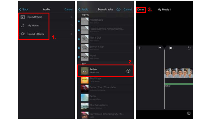 เพิ่มเพลงลงใน iMovie iPhone คลิกเสร็จสิ้น