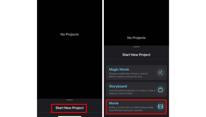 Dodaj muzykę do iMovie iPhone Rozpocznij nowy projekt