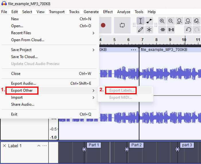 Etiquetas de exportación de audio divididas de Audacity