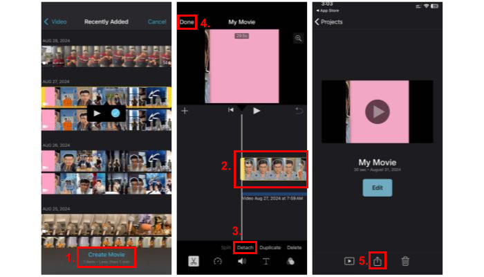 แยกเสียงจากวิดีโอ iMovie iPhone แยกออก