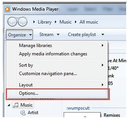 Åpne Organiser Windows Media Player