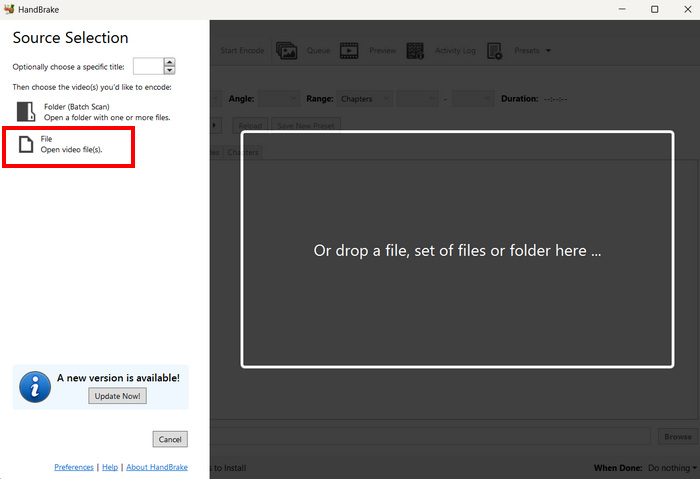 MPeg से MP4 हैंडब्रेक फ़ाइल जोड़ें