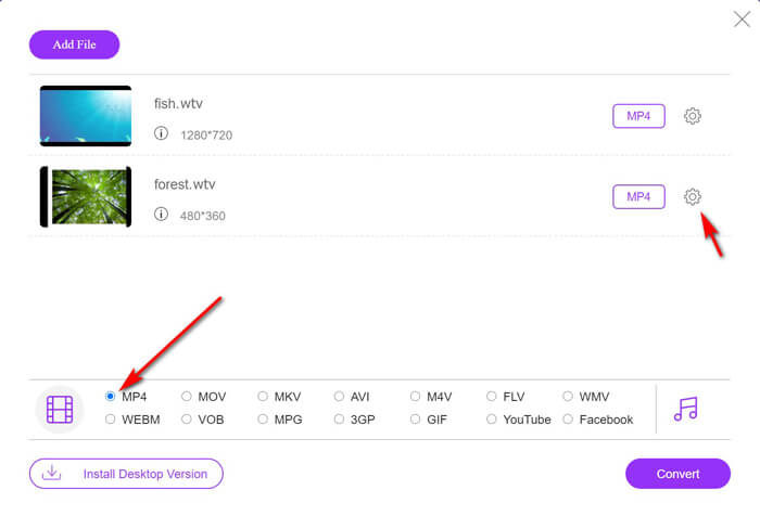 Sélectionnez MP4 pour les fichiers WTV