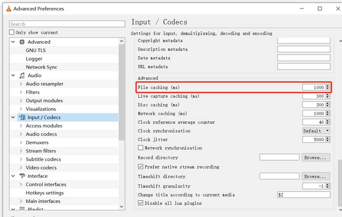 Sett File Caching VLC