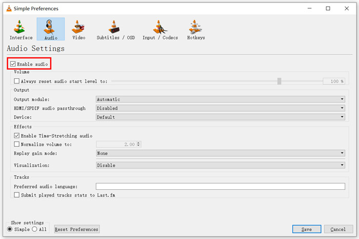 VLC Habilitar audio