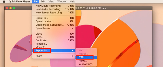 QuickTime画面記録720pをエクスポートします