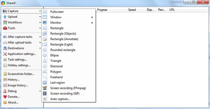 Opciones de captura de ShareX