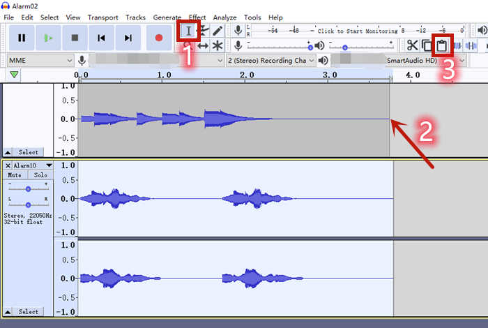 Paste a copied audio track