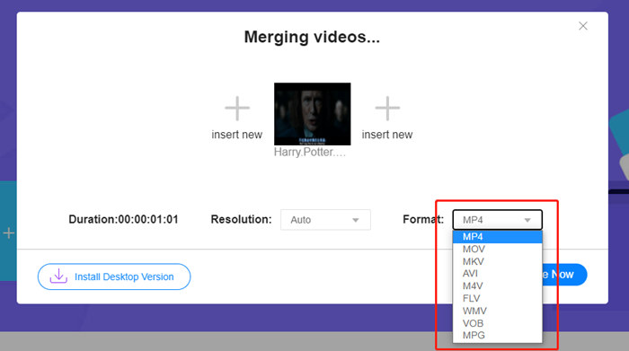 Seleziona Formato per il video MErged